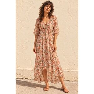 L'AGENCE Dress Floral Silk Chiffon V-Neck Short Sleeve Boho Romantic Maxi